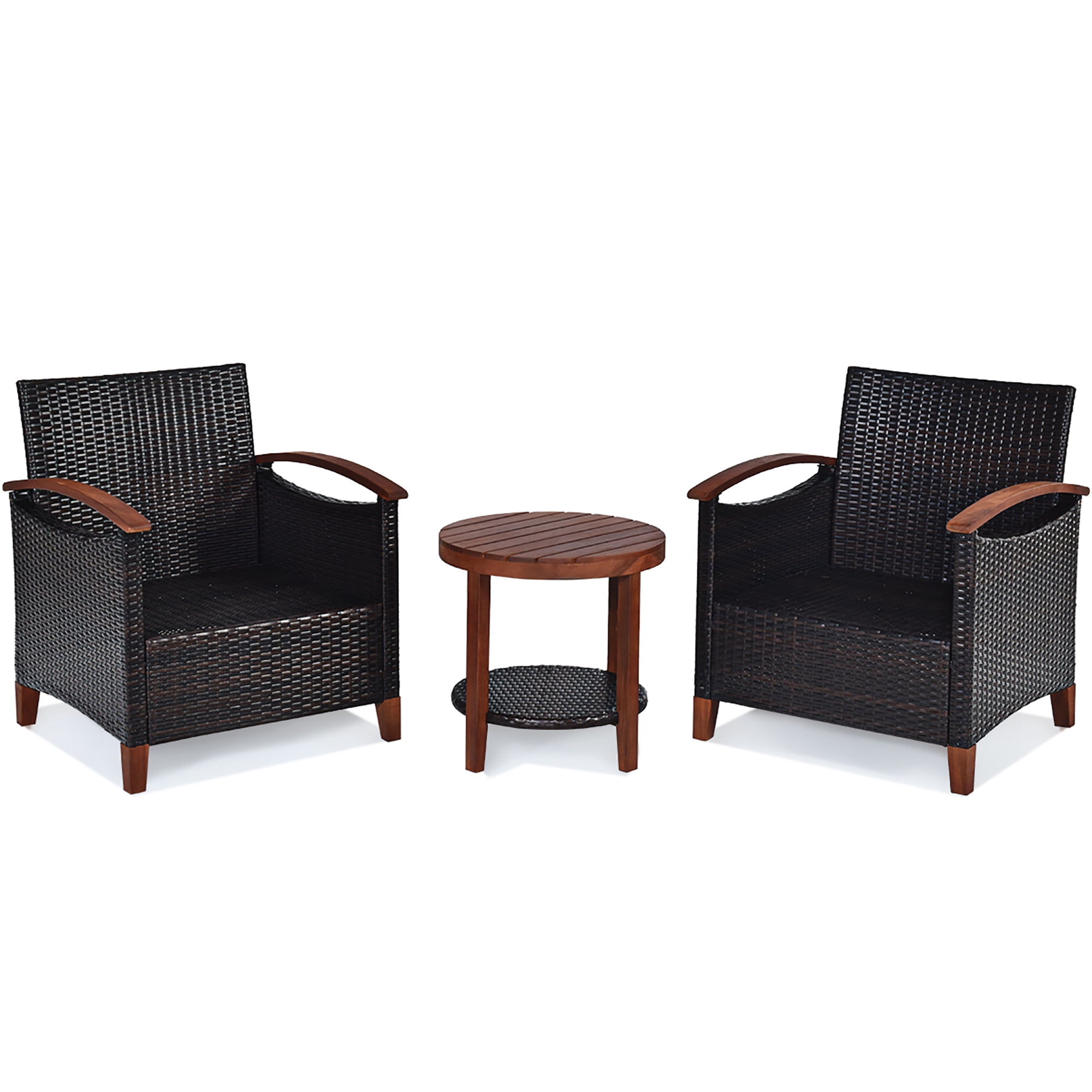 Costway 3PCS Patio Rattan Furniture Set Solid Wood Frame Cushion Sofa Round Table Shelf