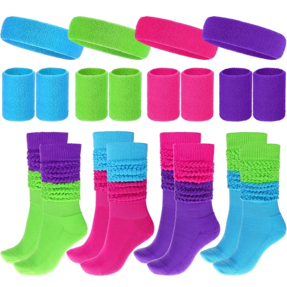 Patelai 4 Sets Sweatbands with Neon Slouch Socks Colorful Athletic Sweat Bands
