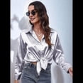 thumbnail image 4 of Blusas de Satén con Cuello en V y Larga para Mujer, Blusas de Seda de Verano, Moda 2025 Gris L, 4 of 9