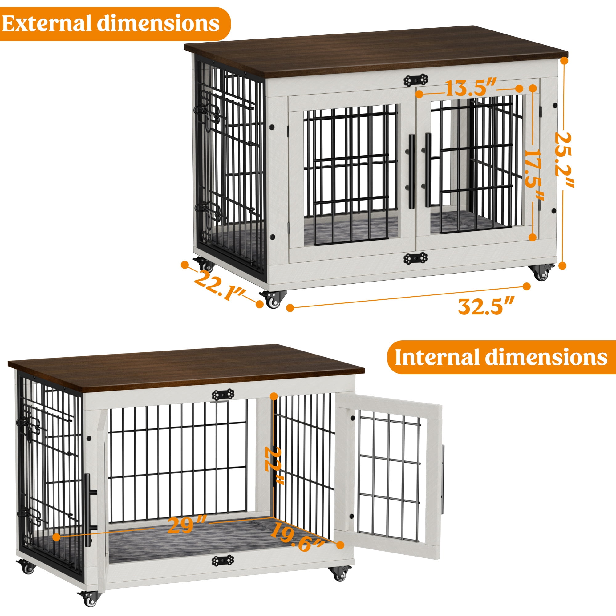 Aufeile Dog Crate Furniture with Wheels, 32 in Wooden End Table Dog Cage with 2 Doors and Removable Cushion, Indoor Pet Kennel for Medium Breeds, White