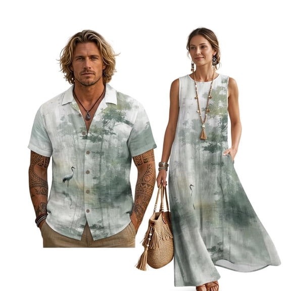 FOR U DESIGNS Crane Forest Print Matchable Couples' Outfit Sleeveless Womens Linen-Like Shirt with Pocket Mens Button Down Shirt for Travel