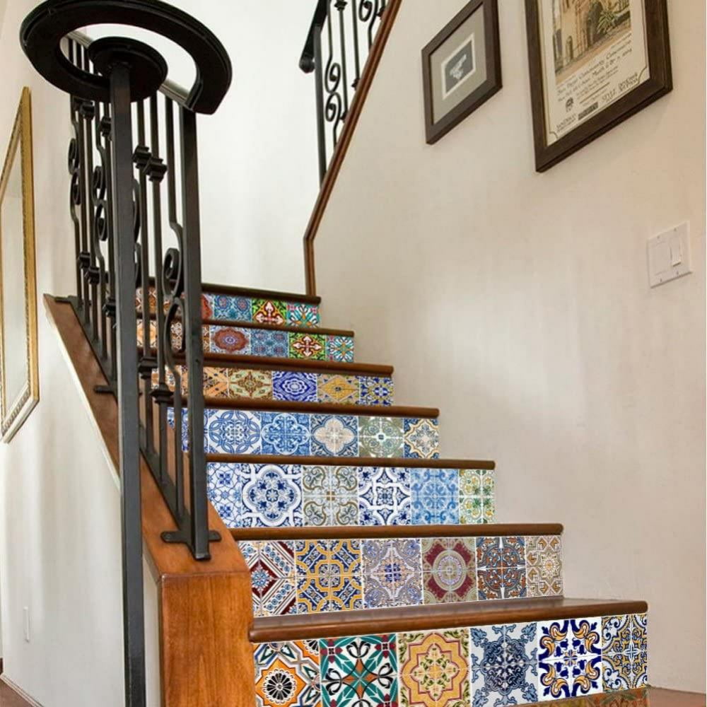 6Pcs 3D Mosaic Stair Riser Decals Wall Tile Stickers Self Adhesive Wallpaper Art 