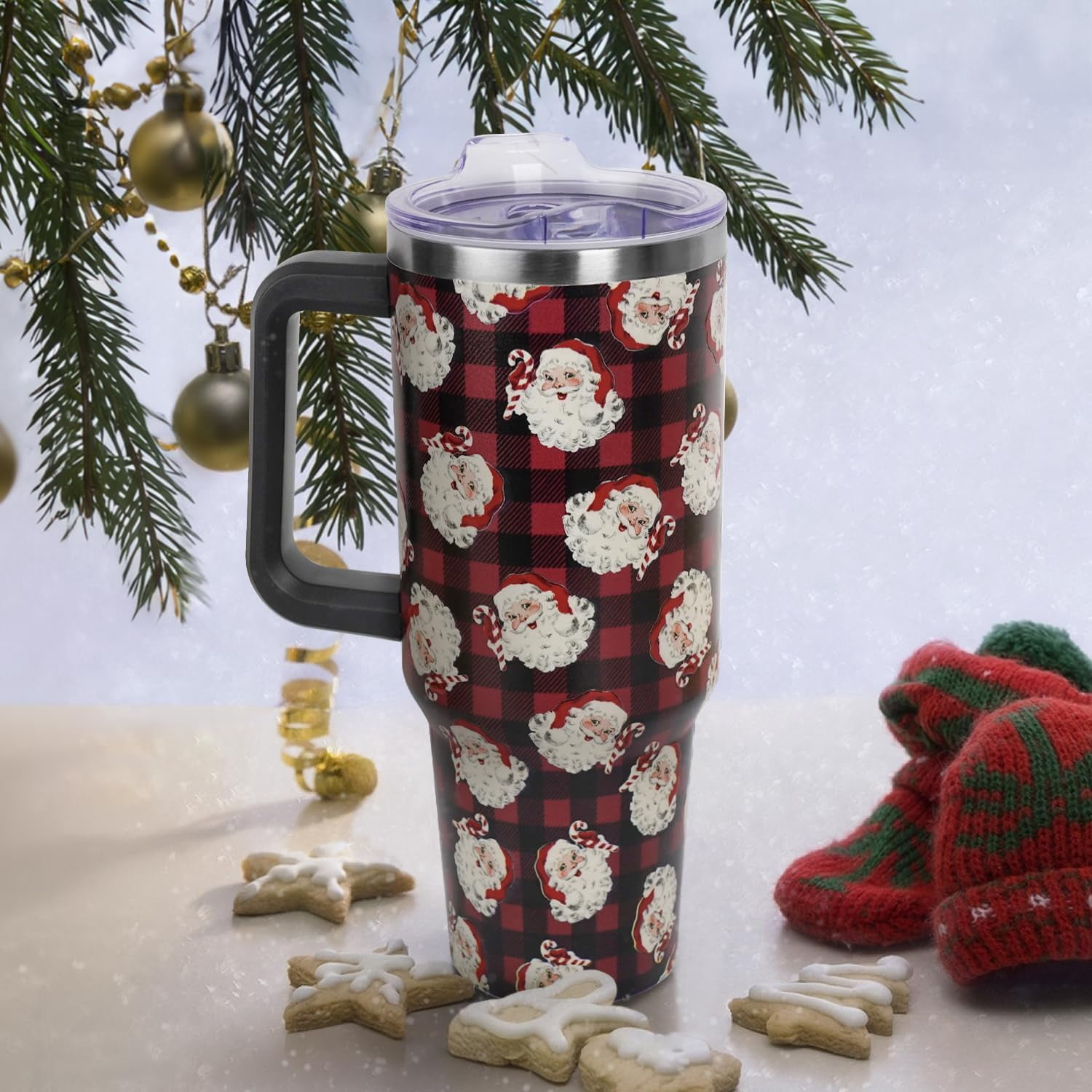 Christmas Santa Red Buffalo Plaid Tumbler with Handle and Straw Lid 40 oz,Cute Christmas Gifts for Women Vacuum Insulated Leak Proof Tumbler,Winter Holiday Accessories Stainless Steel Coffee Cup Mug
