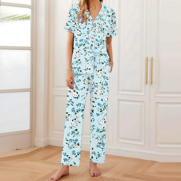 Cavosen Pajamas for Women 2 Piece Set Button down Soft Nightwear Short Sleeve Collar Tops Long Pants Sleepwear Floral Print Loungewear with Pocket Loose Pjs Outfits White S