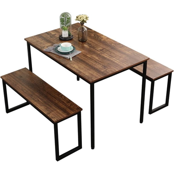 SogesPower Modern Dining Table Set with 2 Benches, 3 Piece Dining Table Set- Brown