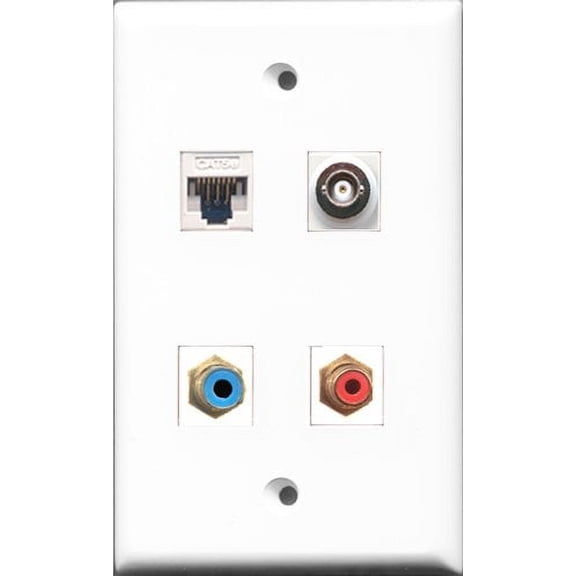 RiteAV - 1 Port RCA Red and 1 Port RCA Blue and 1 Port BNC and 1 Port Cat5e Ethernet White Wall Plate