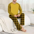 thumbnail image 4 of Mens 2 Piece Pajamas Set Comfy Loungewear Pjs Sleepwear Long Sleeve Crew Neck Top and Wide Leg Bottom Plaid Pants (S, Yellow), 4 of 7