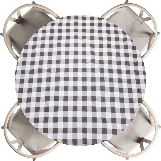 Picnic Table Cloth, 61" Round Vinyl Plaid Fitted Tablecloths Waterproof Flannel Backed Table Covers for Dining Camping Outdoor, Deep Grey/White
