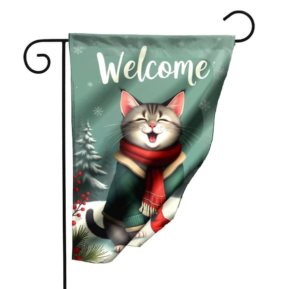Winter Cat Garden Flag Double Sided Outdoor Decoration with Cute Cartoon Cat in Green Sweater and Red Scarf Snowy Trees Festive Birds 12.5 x 18 Inch Seasonal Yard Banner for Home Patio Decor