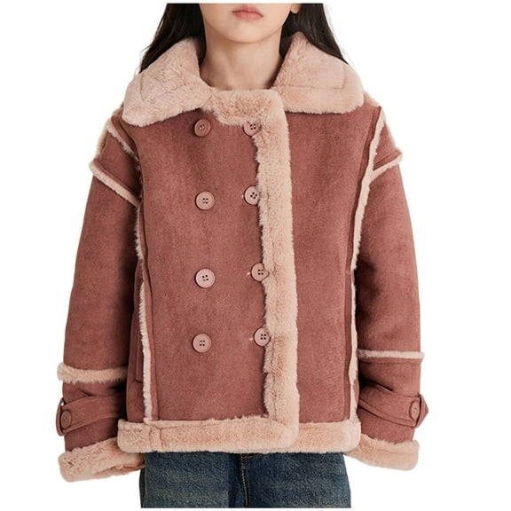 AINIYS Kids' Faux Suede Shearling Jacket with Lapel Collar Double-Breasted Button Closure Warm Stylish Coat for Winter Casual Daily Wear Brown 4 Years
