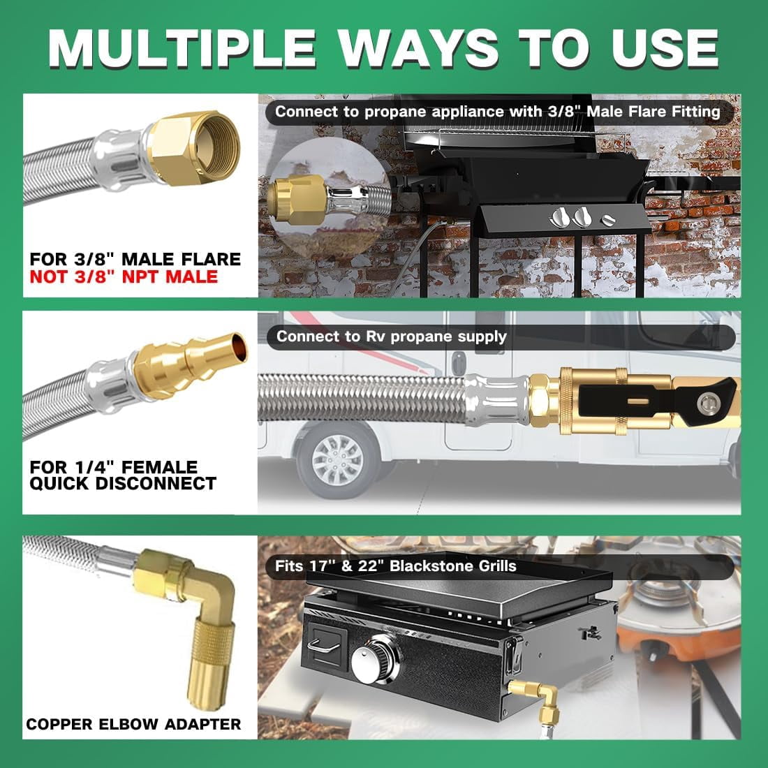 12 FT Propane Quick Connect Hose for RV to Gas Grill, RV 1/4" Quick Disconnect to Grill Propane Hose with Compatible Blackstone Propane Elbow Adapter, Fit for Blackstone 22 Inch Griddle & 17" Grill