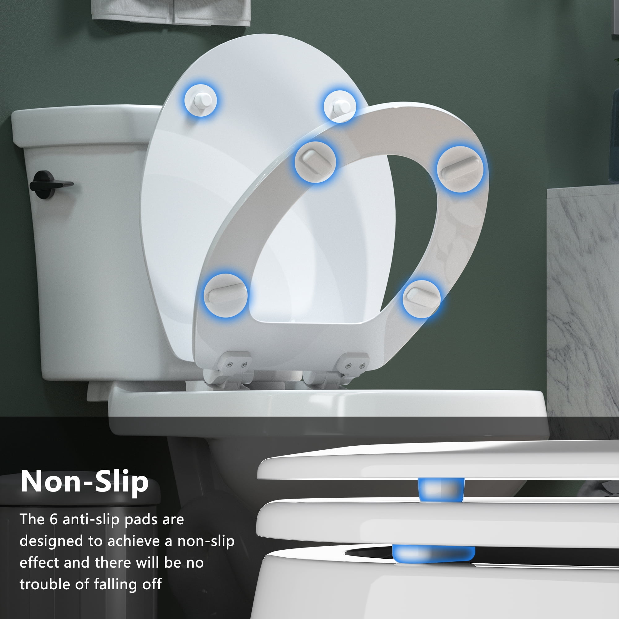 Angol Shiold Wood Toilet Seat with Non-Slip Adjustable Hinges, Quiet-Close ( White, Round 16.5'' )