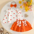 thumbnail image 3 of Pandaie Toddler Girls Heart Print Two Piece Outfit Ruffle Long Sleeve Top Tiered Skirt Bow Headband Birthday Party Holiday Photo Shoots Orange,3-4 Year, 3 of 7