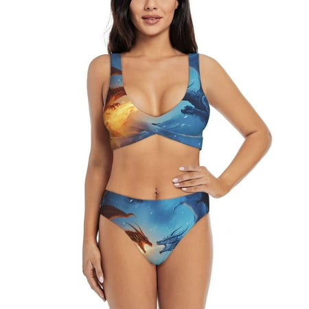 Zeuib Red And Blue Fire Dragon A High Waisted Tummy Control Bikini Set - Knot Front Push Up Top & Cheeky Thong Bottom  Two-Piece Swimsuit for Women-Large