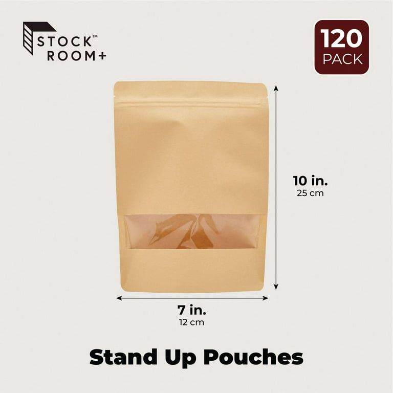 Kraft Stand Up Pouches, Clear Window Sealable Bags for Packaging (7x10 In,  120 Pack)