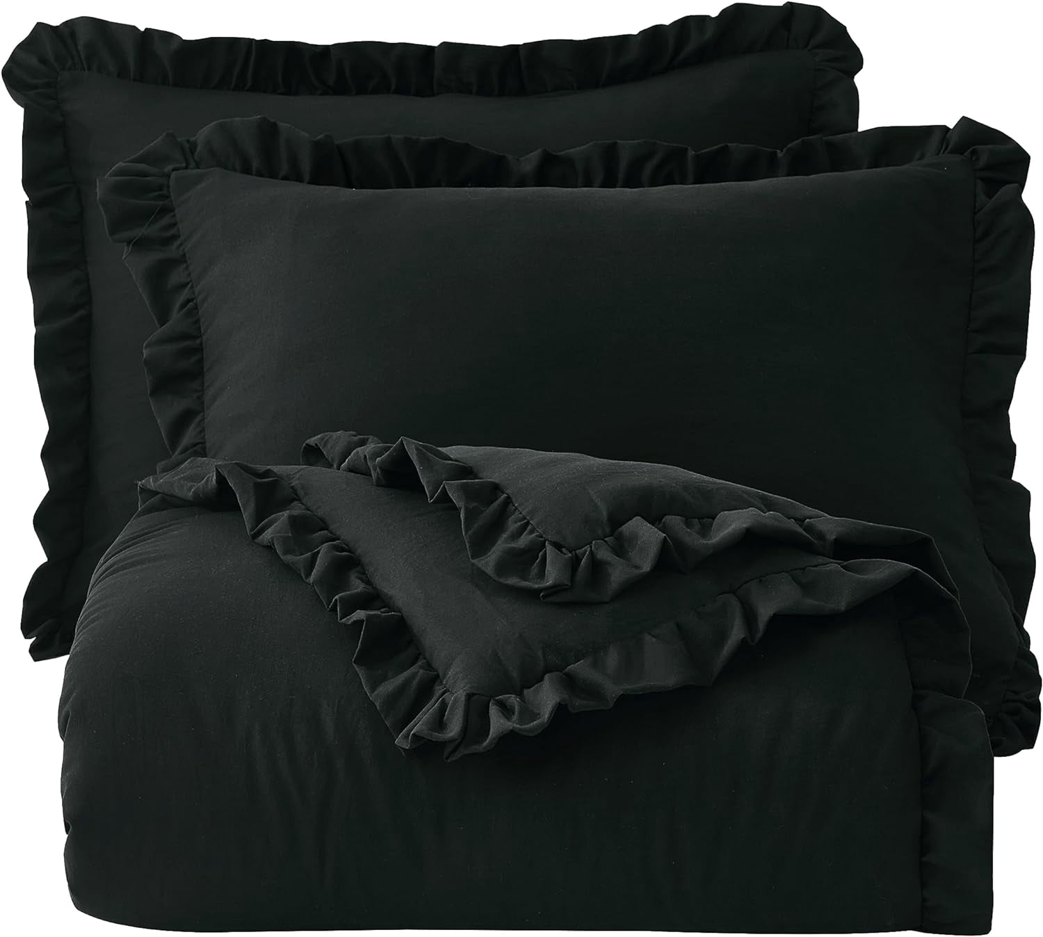 Chezmoi Collection Nora 3-Piece Black Ruffled Edge Trim Microfiber Comforter Set, Oversized King Size