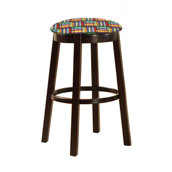 The Furniture King Bar Stool 24" Tall Wood Dark Brown Espresso Kitchen Game Room Swivel Seat Stool Featuring the Choice of Your Favorite Novelty Theme Fabric Covered Seat Cushion (Crayons)