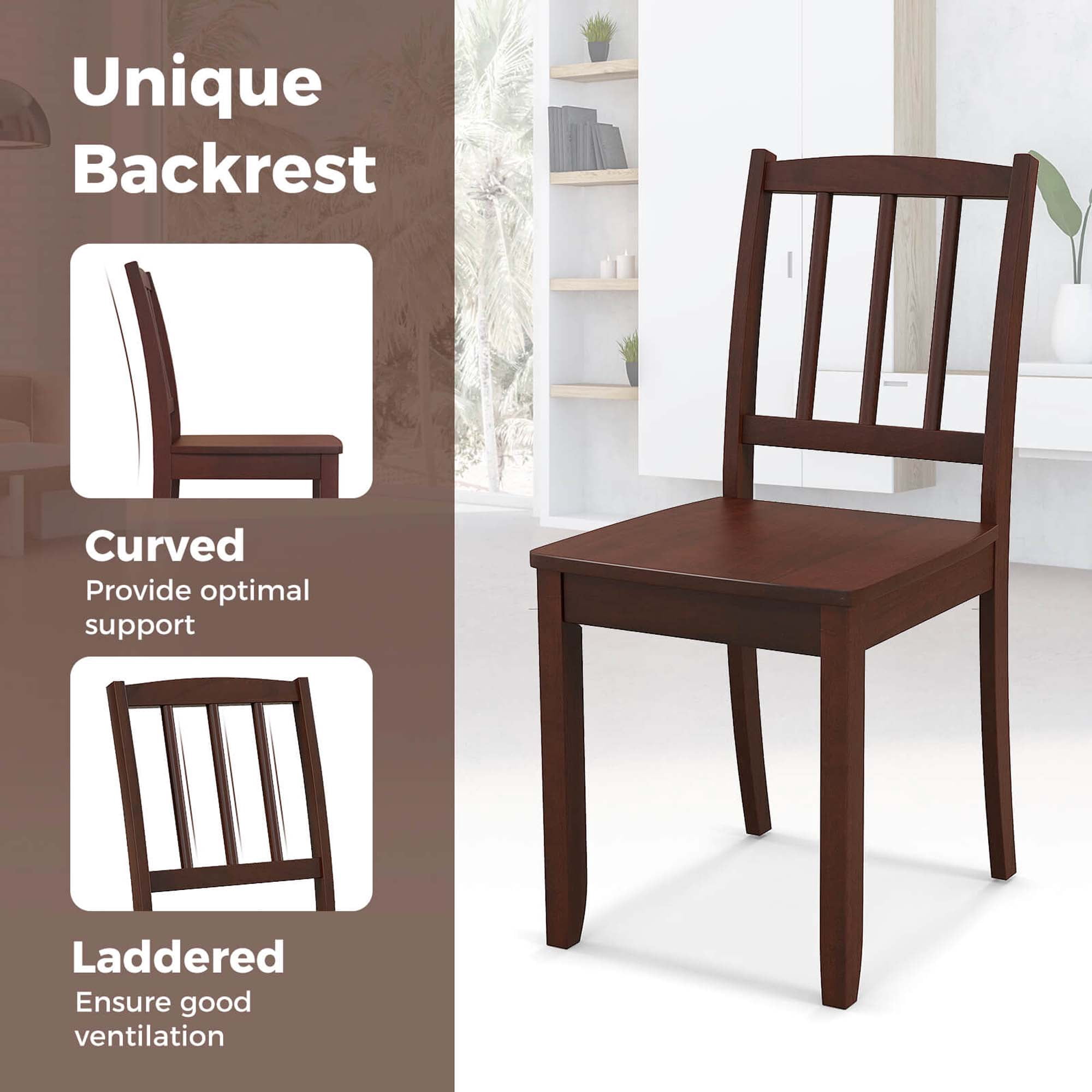 Costway Wood Dining Chair Set of 2 with Rubber Wood Legs Curved Backrest for Kitchen Brown