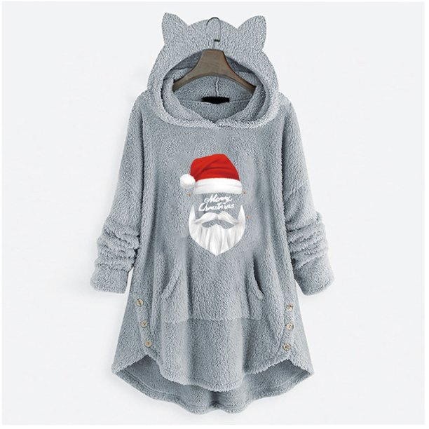 Pntutb Mujer Casual Navidad Impresión Botones De Felpa Manga Larga Con Capucha Abrigo De Felpa Top Pntutb Pntutb-4271