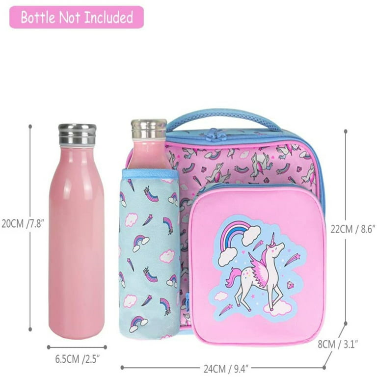 IvyH Kids Lunch Bag Insulated Reusable Lunch Box,Large Thermal Meal Tote  Kit Bag Soft Leakproof Cooler Lunchbox 3 Compartments with Water Bottle  Holder,Pink Unicorn 
