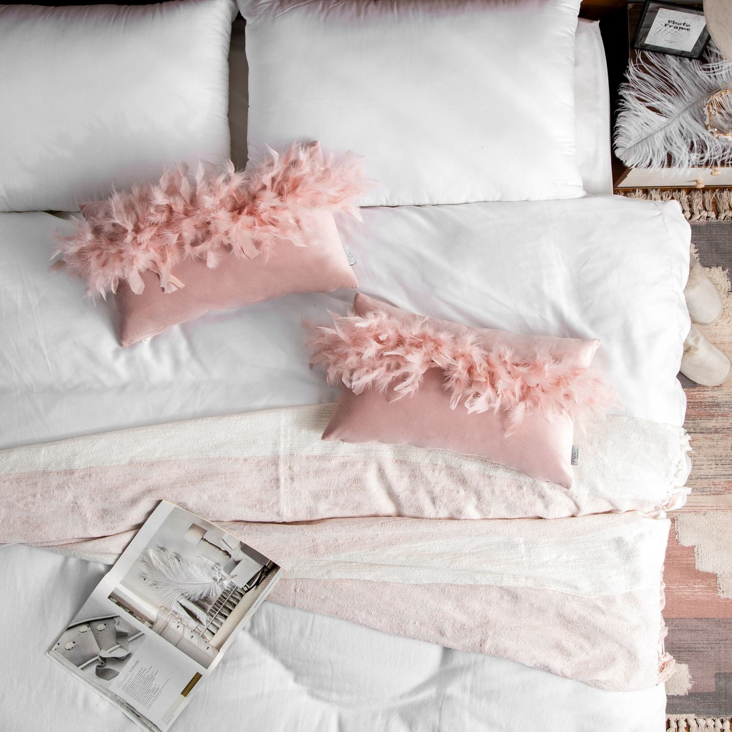 Phantoscope Feather Velvet Decorative Throw Pillow, 12 x 20 in, Light Pink, 1 Pack
