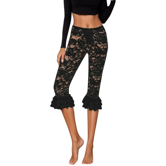 Wangmeiwg Women's Casual Pants - Solid Color Fashion Lace Hollow See-Through Cropped Pants forParties Black L
