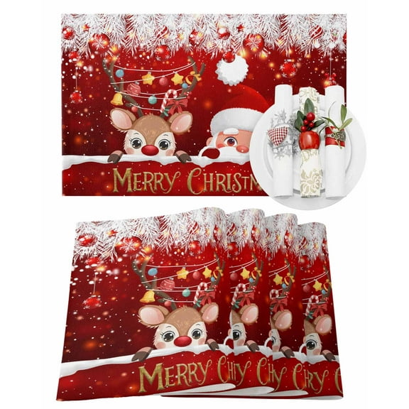 Red Christmas Placemats Set of 8 Cute Santa Claus Deer Winter Snowflake Heat Insulation Washable Place Mats, Rustic Non-Slip Table Mats for Dining Table Party Kitchen Decor,13x19 Inch
