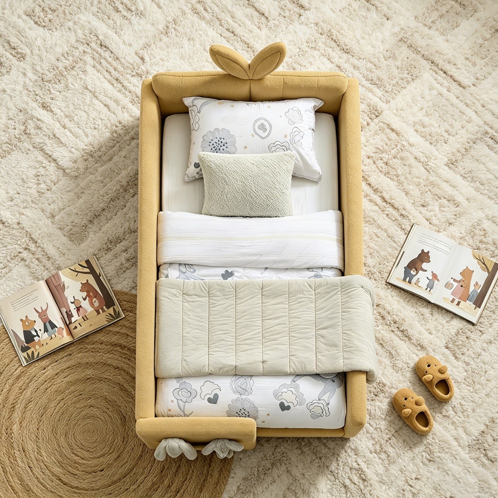 Deiokin Twin Size Bunny Ear Platform Bed Frame, Upholstered Boucle Fabric Bed Frame with Safety Rail & Storage Pocket