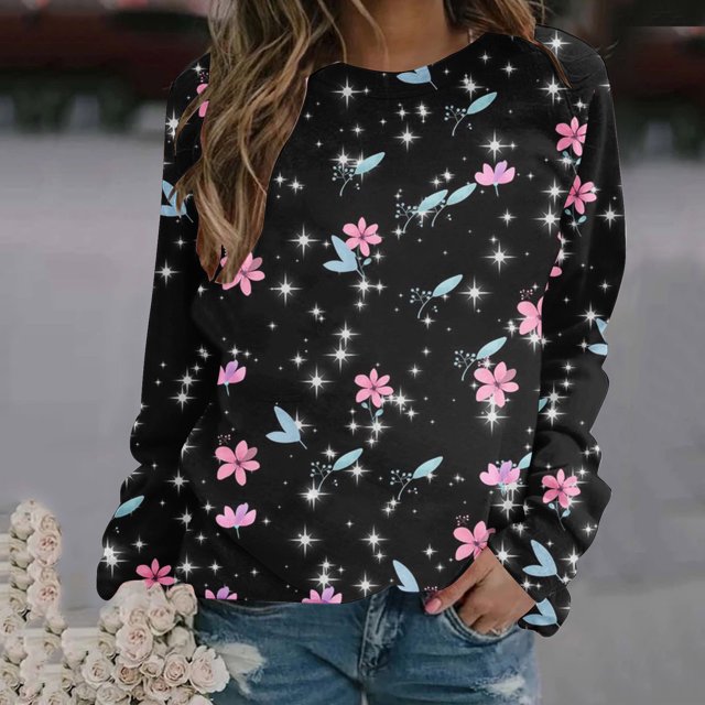 Hauts à Manches Longues pour Femmes Mode Imprimé Floral de la Saint-Valentin Manches Longues Col Rond Chandail en Molleton Blouse
