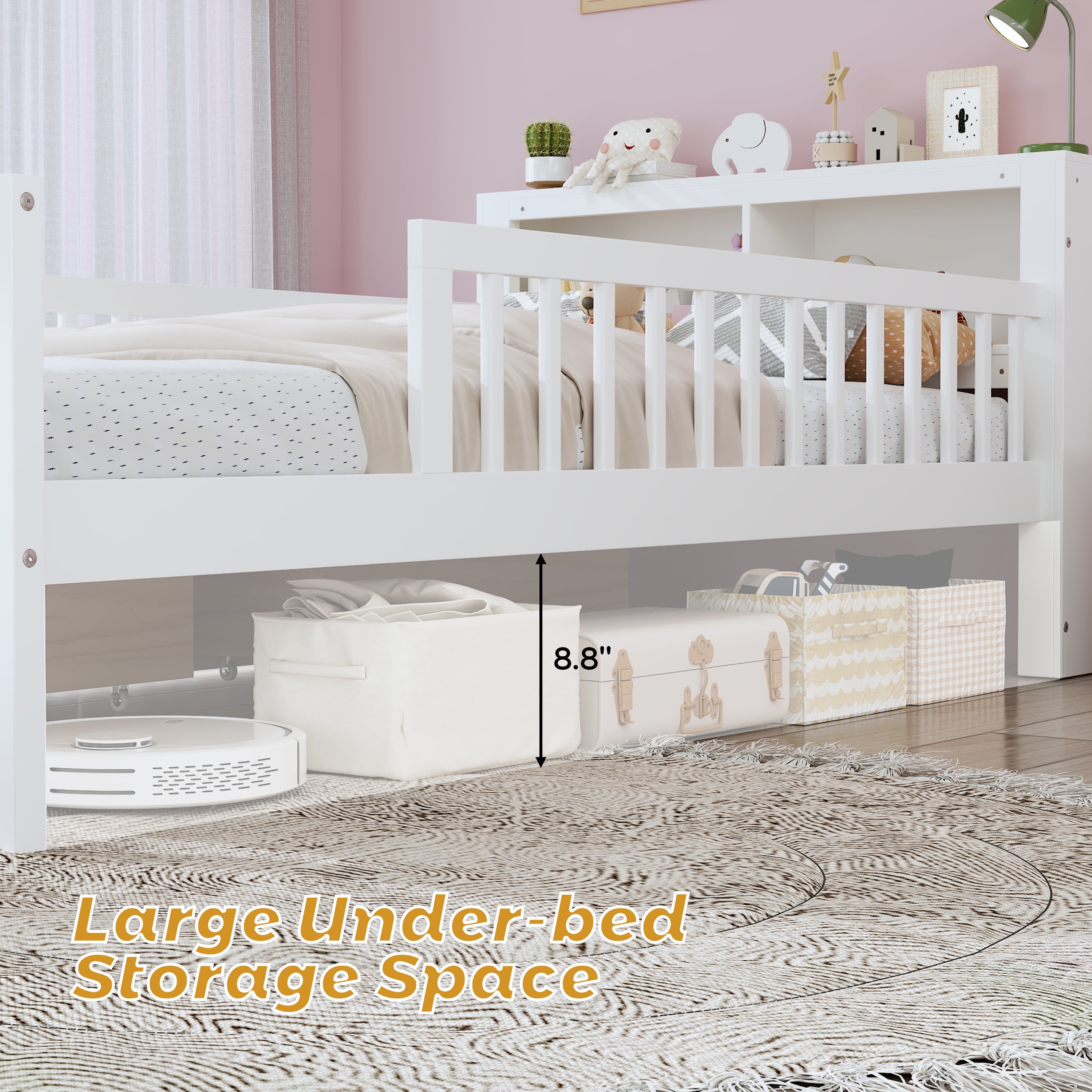 Twin Bed Frame for Kids, SHINPT Twin Size Bed Frame with Headboard Storage Rack, Storage Bed Frame with Two Under-Bed Drawers, Bed for Kids with three-Side Guardrails, White, Pink, Gray, Walnut