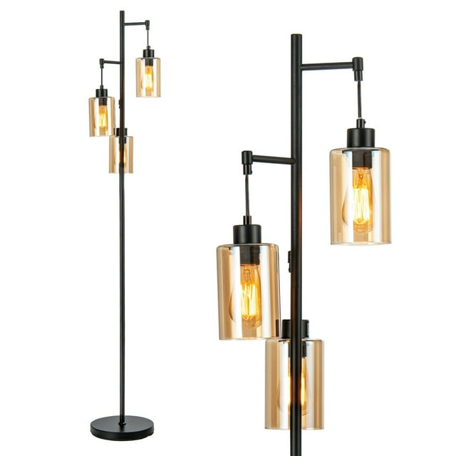 Gymax Lampe sur Pied Autoportante Lampe sur Pied Rétro avec Abat-Jour en Verre Ambré Suspendu à 3 Têtes