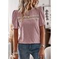 thumbnail image 5 of Slatcetga Women T Shirt Lace Trim Round Neck Short Puff Sleeve Pure Color Casual Lady Pullover Top for Spring Summer Pink M, 5 of 8