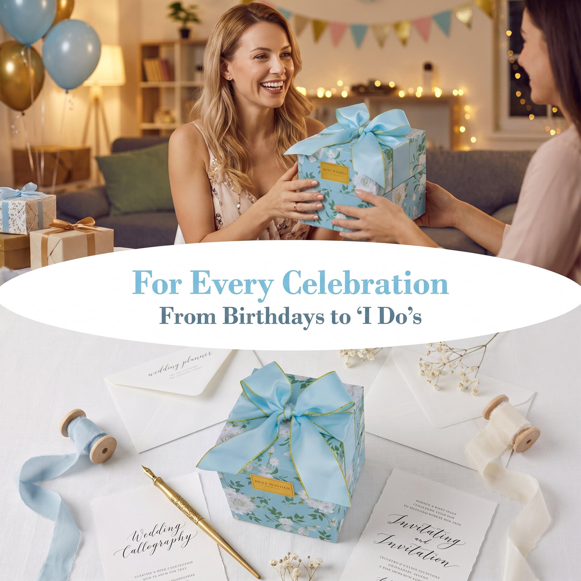 Unique Bargains 2Pcs Floral Ribbon Multifunctional Gift Box Blue 4.7" x 4.7" x 4.7"