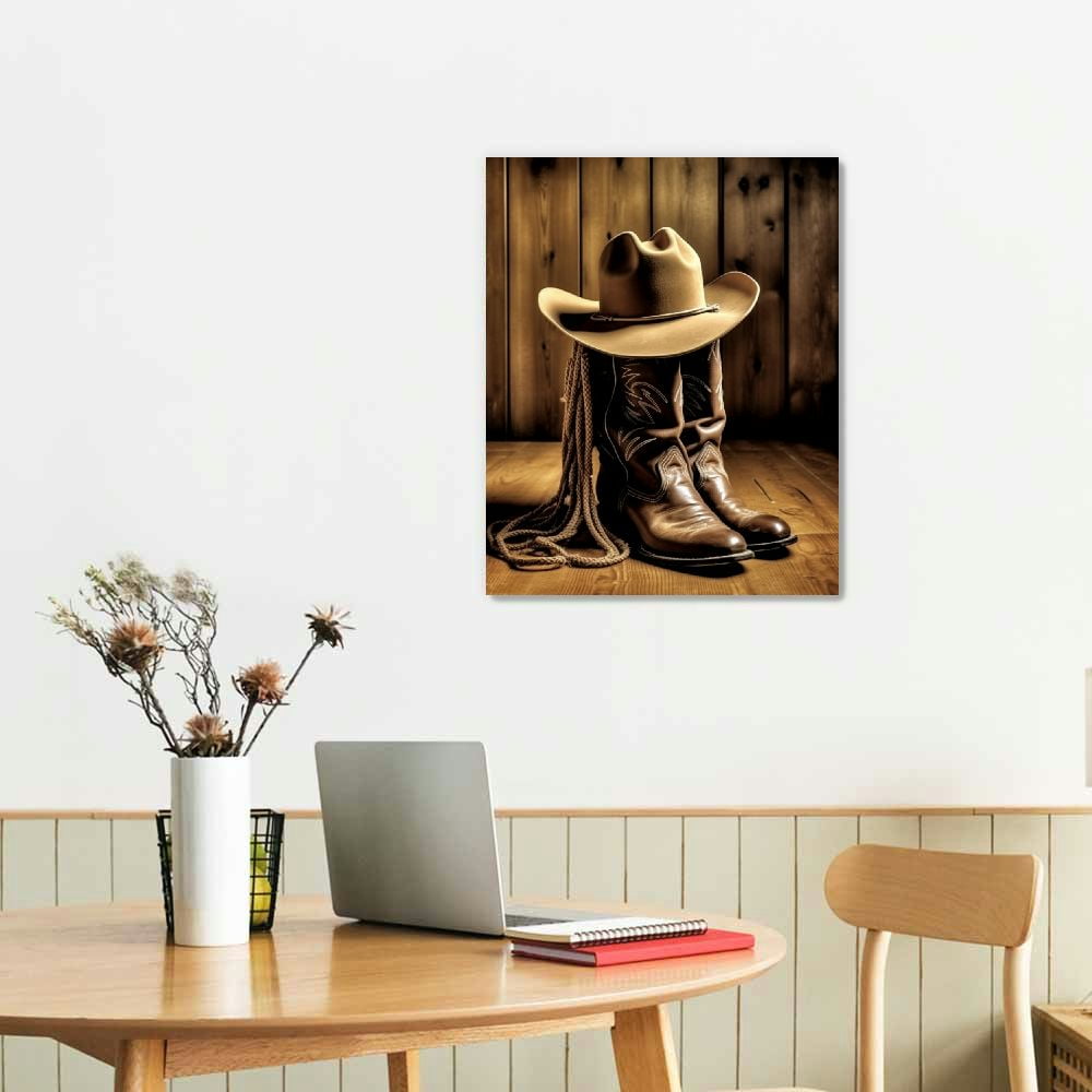 JRXY Canvas Wall Art Framed Western Decor Cowboy Hat Boot Saddle