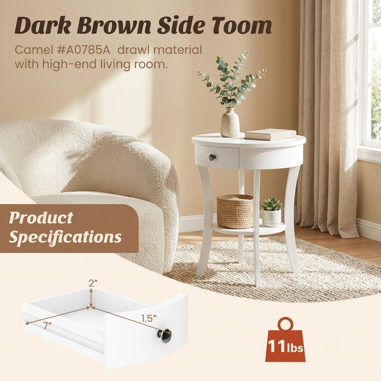Furnibear 2 Tier Round End Table with Open Drawer and Bottom Shelf and Rubber Wood Legs for Living Room Bedroom and Sofa Side Storage, White