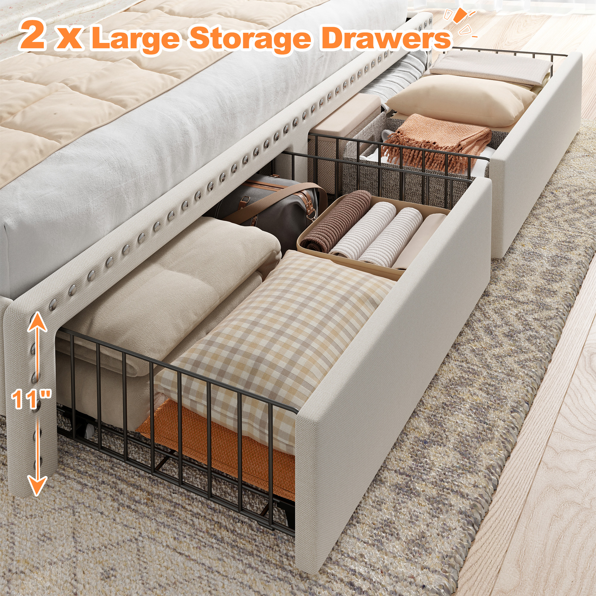 Romorgniz King Size Bed Frame with 2 Storage Drawers and 2-Tier Storage Shelf Upholstered Bed Frame with Headboard Platform Bed Frame Noise-Free No Box Spring Needed,Beige