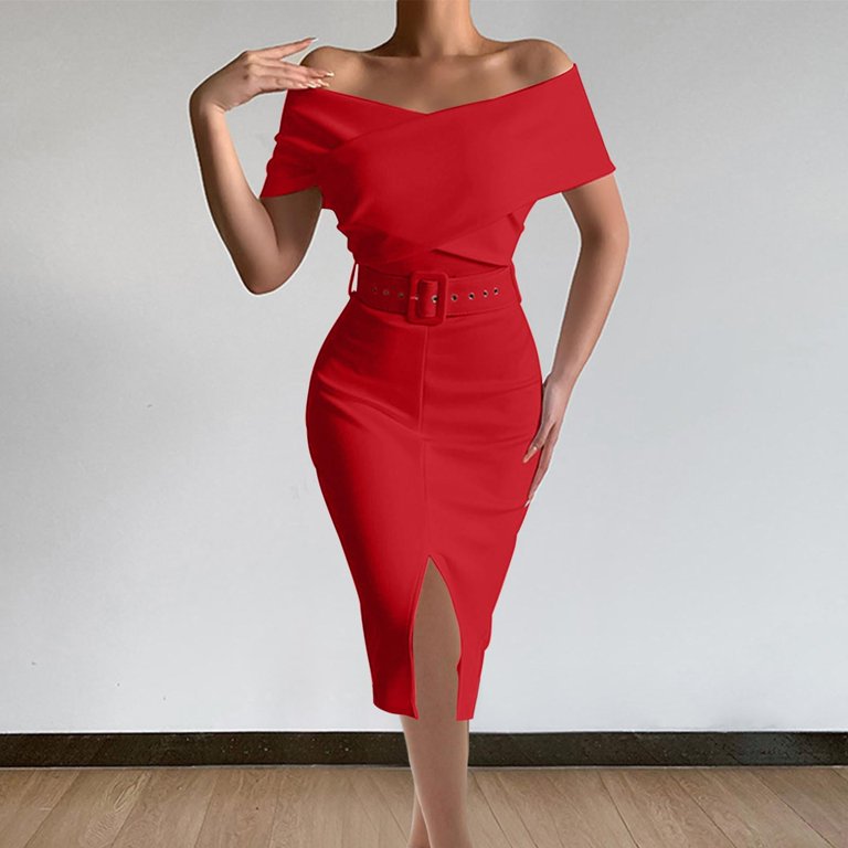 Efsteb Women Off Shoulder Elegant Midi Pencil Dress Bodycon High Waist Wrap  A-Line Slit Front Cocktail Party Dresses with Belt (Red,XXXL) - Walmart.com