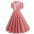 thumbnail image 3 of Gifts Usmixi Formal Dresses for Women Cocktail Party Prom Vintage 1950S Pleated Swing A Line Dresses with Bow V-Neck Short Sleeve Plaid Print Summer Midi Dress Red s, 3 of 6