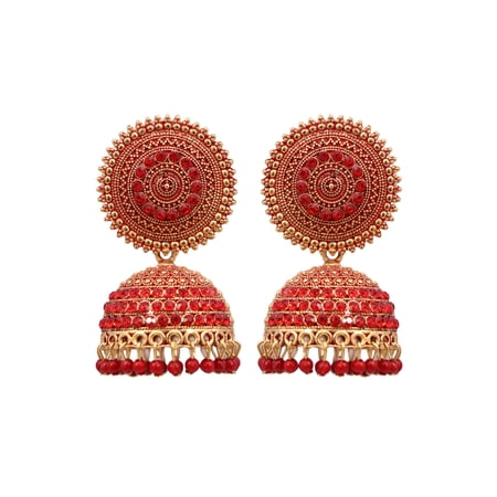 Crunchy Fashion Bollywood Jewellery Traditional Ethnic Bridal Bride Wedding Bridesmaid Oxidised Gold-Plated Handcrafted Red Stone Jhumka Earrings