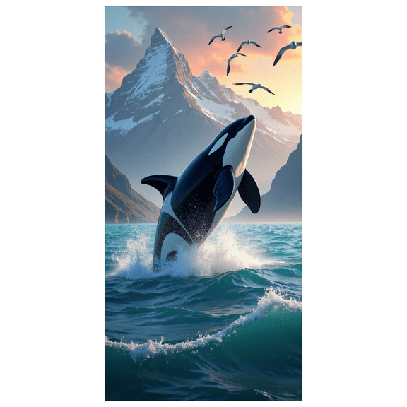 Ocean Themed Mountainous Landscape Orca Whale Backdrop Banner Decorations Party Photography Props Seaside Events Vacation Celebrations