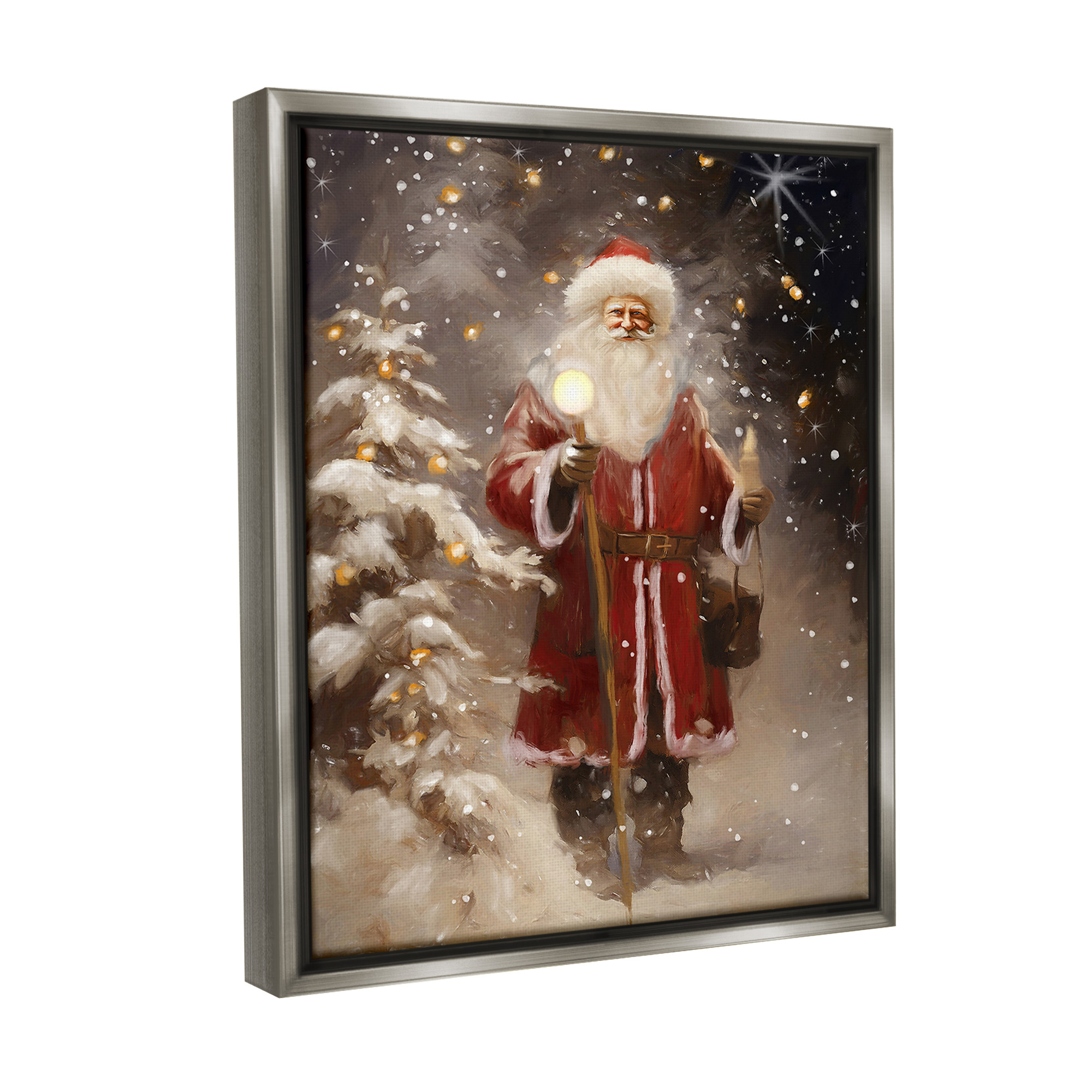 Stupell Industries Santa in Snowy Night Scene Holiday Painting Gray Floater Framed Canvas Art Print Wall Art, 17 x 21