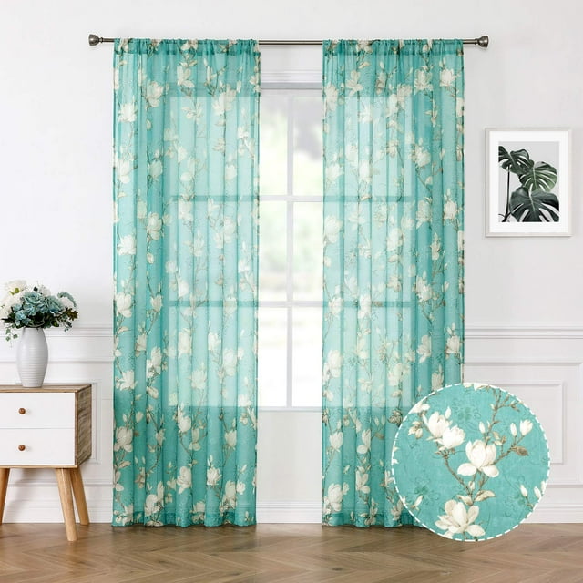 Tollpiz Cortina Transparente Floral Turquesa Con Estampado De Flores Y Bordado De Vid, Cortinas De Dormitorio Con Bolsillo Para Barra, Cortina De Gasa Para Ventana Para Sala De Estar, 53.9 X 83.9 In D