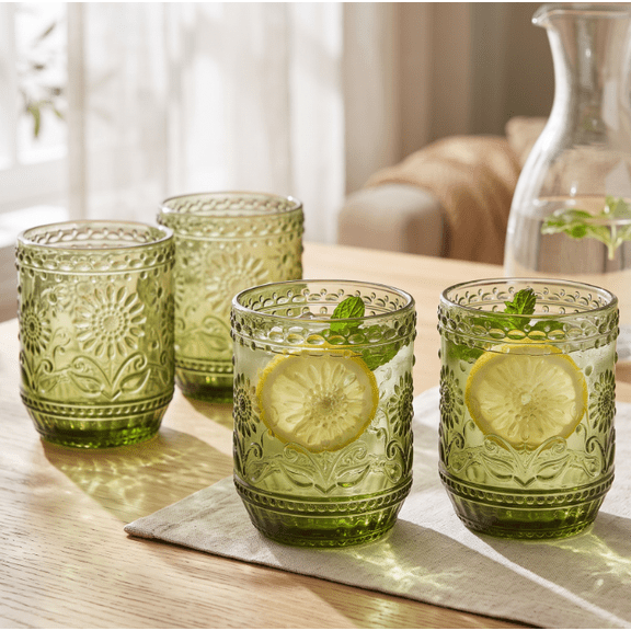 Green Drinking Glasses 4 Pack, Vintage Embossed Glass Tumbler Set, Old Fashioned Whisky Glasses for Cocktails Juice Beer Home Kitchen Bar