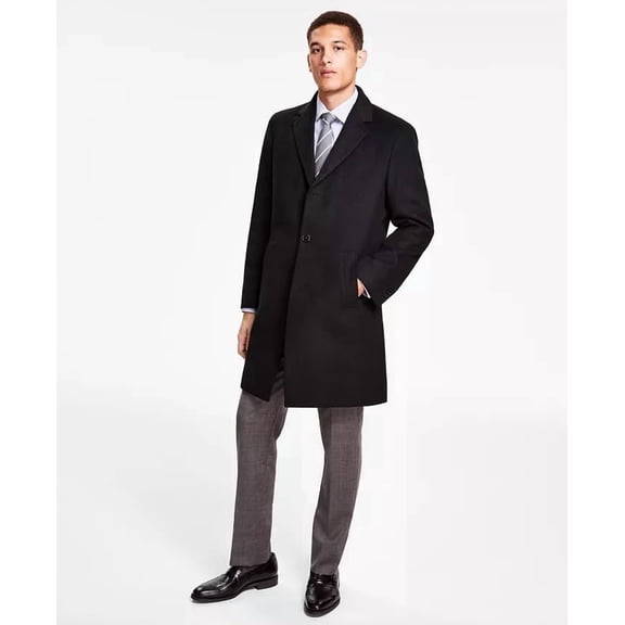 Kenneth Cole Mens Classic Fit Overcoat Coat 48L Black Solid