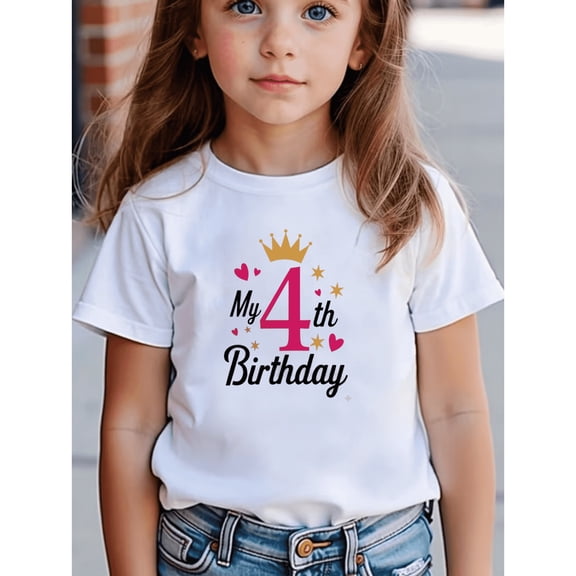 MAWOTEA Girl's Birthday Crown Hearts and Stars Print T-shirt For Kids Birthday Celebration,Size 4 Years-12 Years