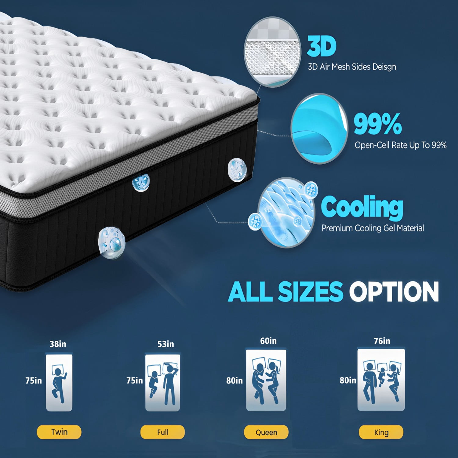 Oasskyo King Size 14" Pillow Top Hybrid Mattress, Pocket Spring & Memory Foam Mattress, Cool Sleep Motion Isolation Mattress for Pressure Relief, Mattress in a Box, CertiPUR-US Certified