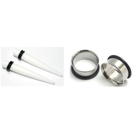 Pair of White Tapers and Steel Tunnels Ear Stretching Kit Gauges Plugs - Size=5/8