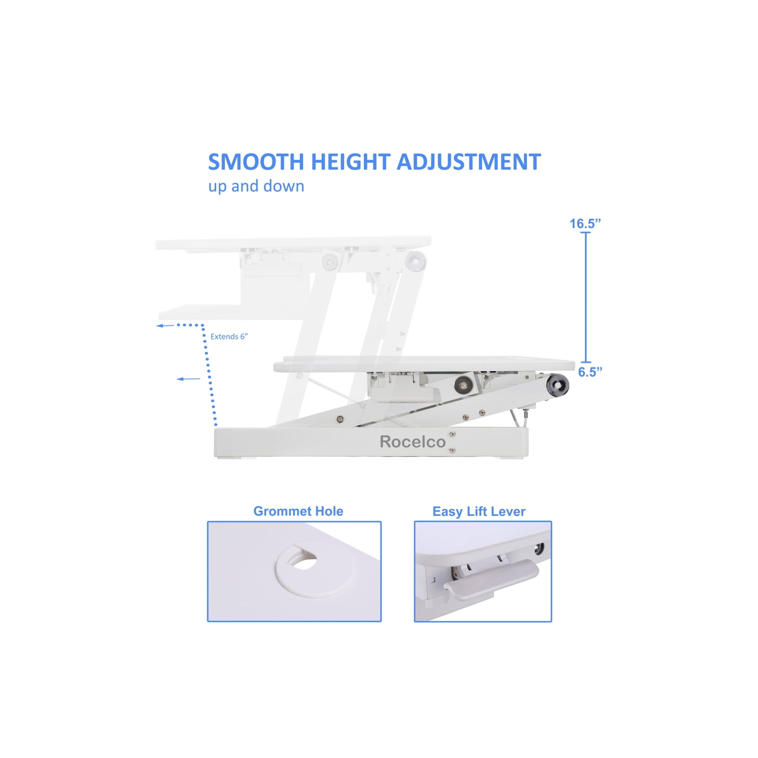Rocelco Standing Desk Converter 37.5 Inch Deluxe Adjustable Riser, White