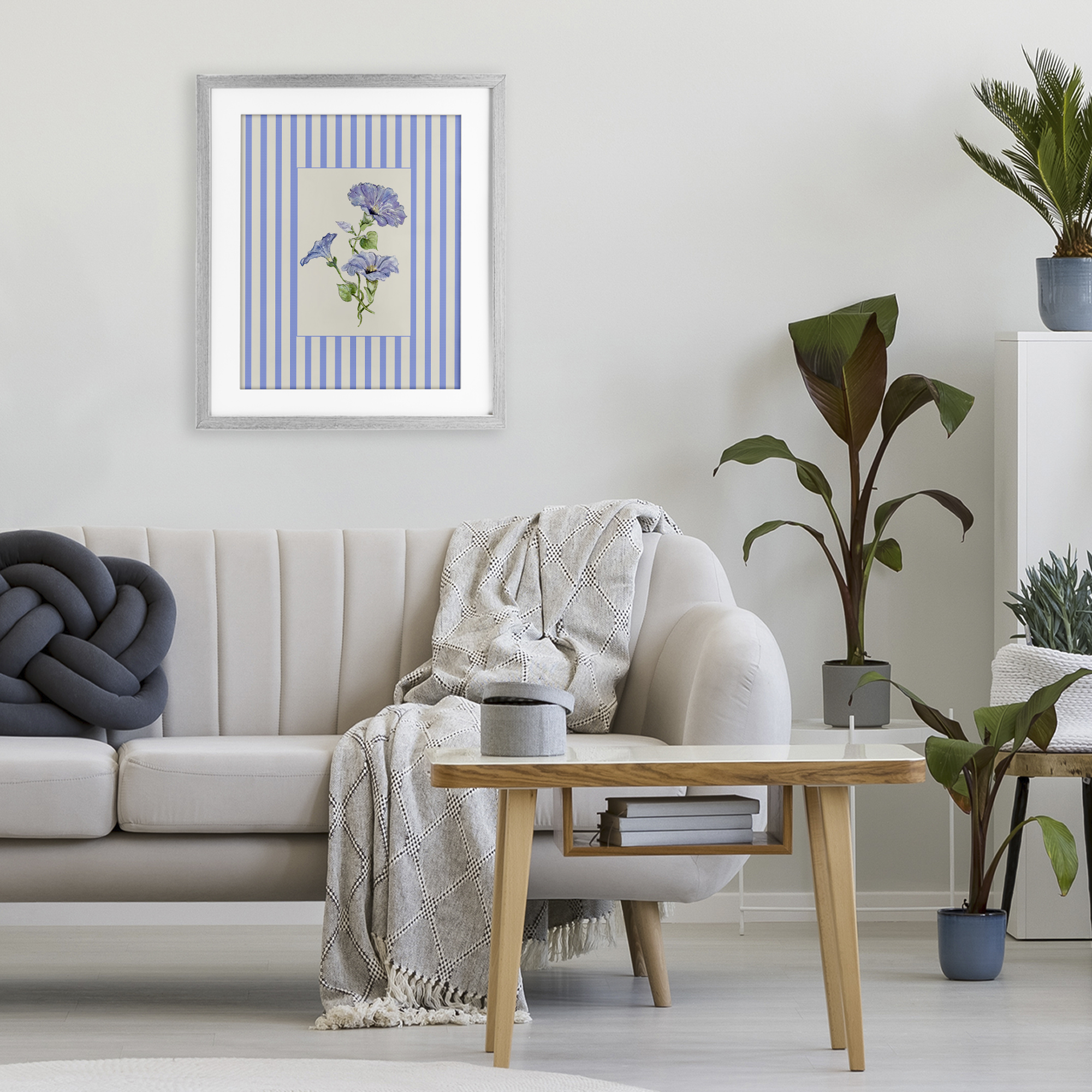 Blue Stripe Morning Glory Gray Framed Print Under Glass, design by Lisa Wehmeyer