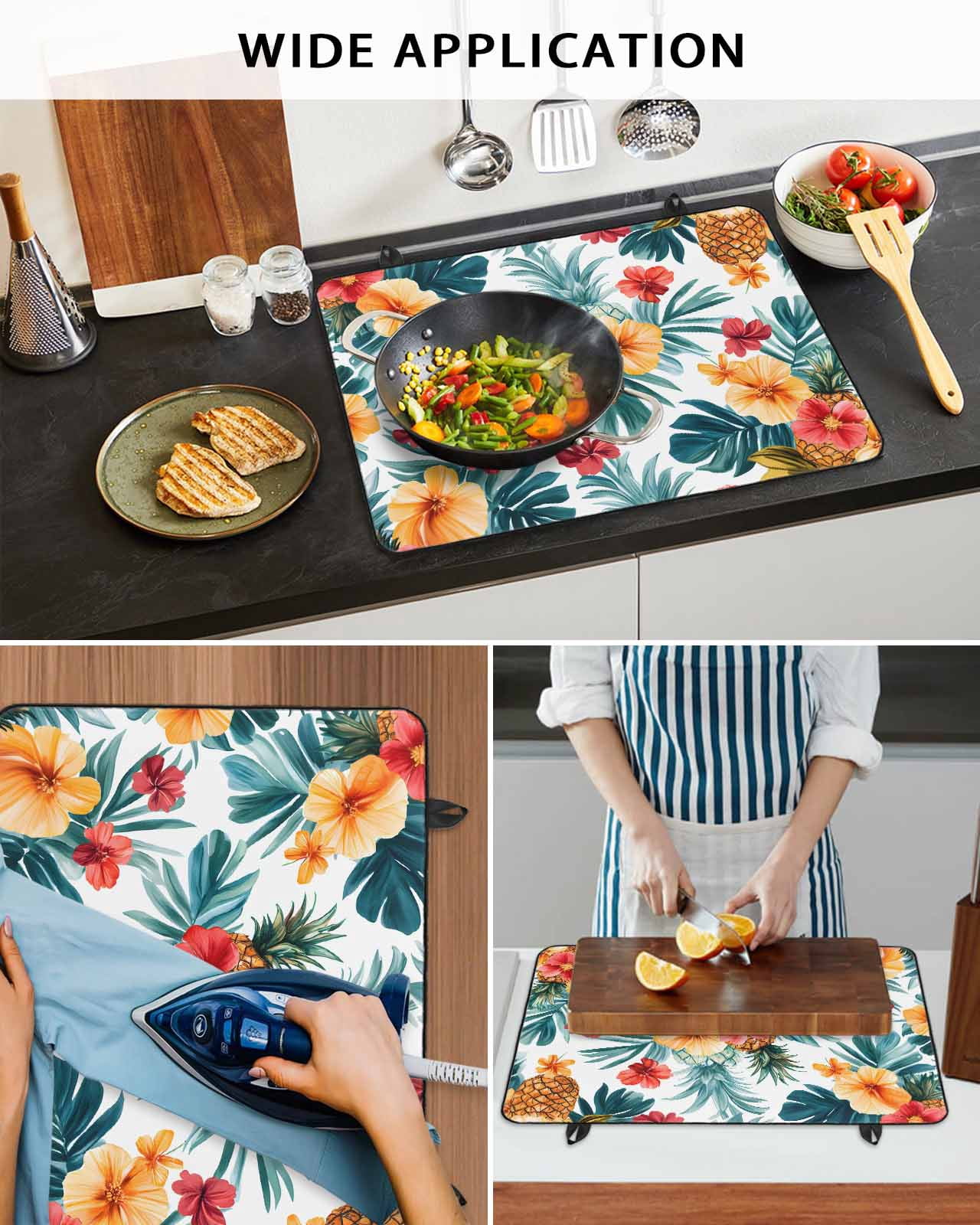 nqOlkjepod Large Induction Cooktop Protector Mat 36"x21", Tropical Leaves Floral Stove Top Covers for Electric Stove, Summer Pineapple Flowers Stove Burner Cover Mats, Glass Top Stove Cover